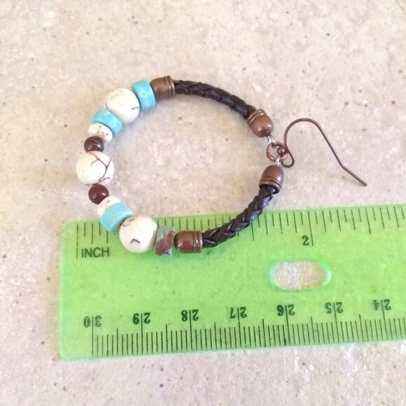Rustic SouthWestern Flair! Leather + Jasper + Turquoise Howlite Hoop Earrings - Picture 7 of 11
